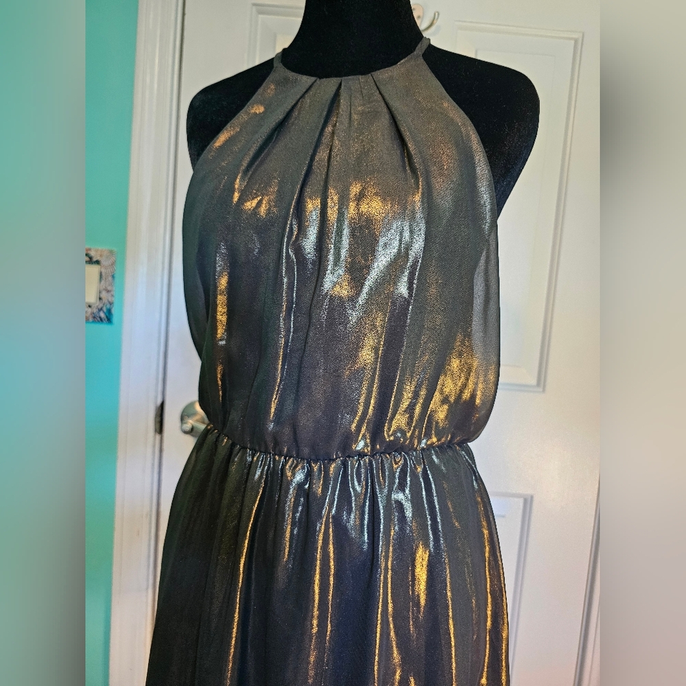 Lush Shimmering Gold Metallic Halter Formal Party Dress Women's Sz S - Picture 6 of 12